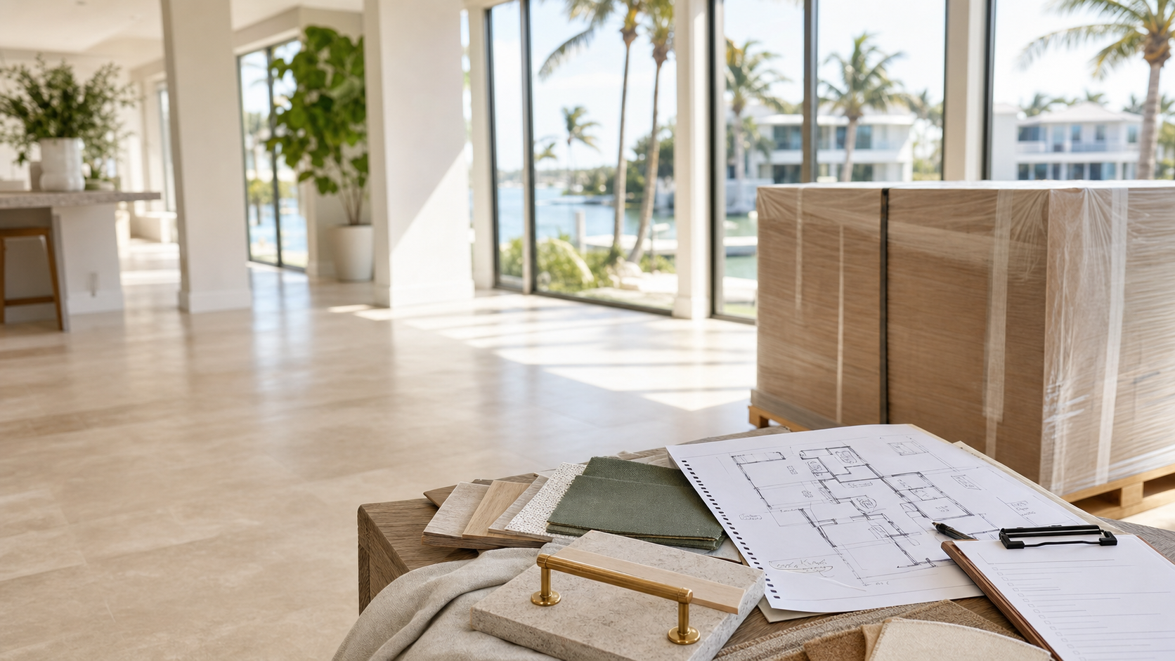 Bright Southwest Florida interior with a wrapped furniture piece, floor plan, samples, and project clipboard.